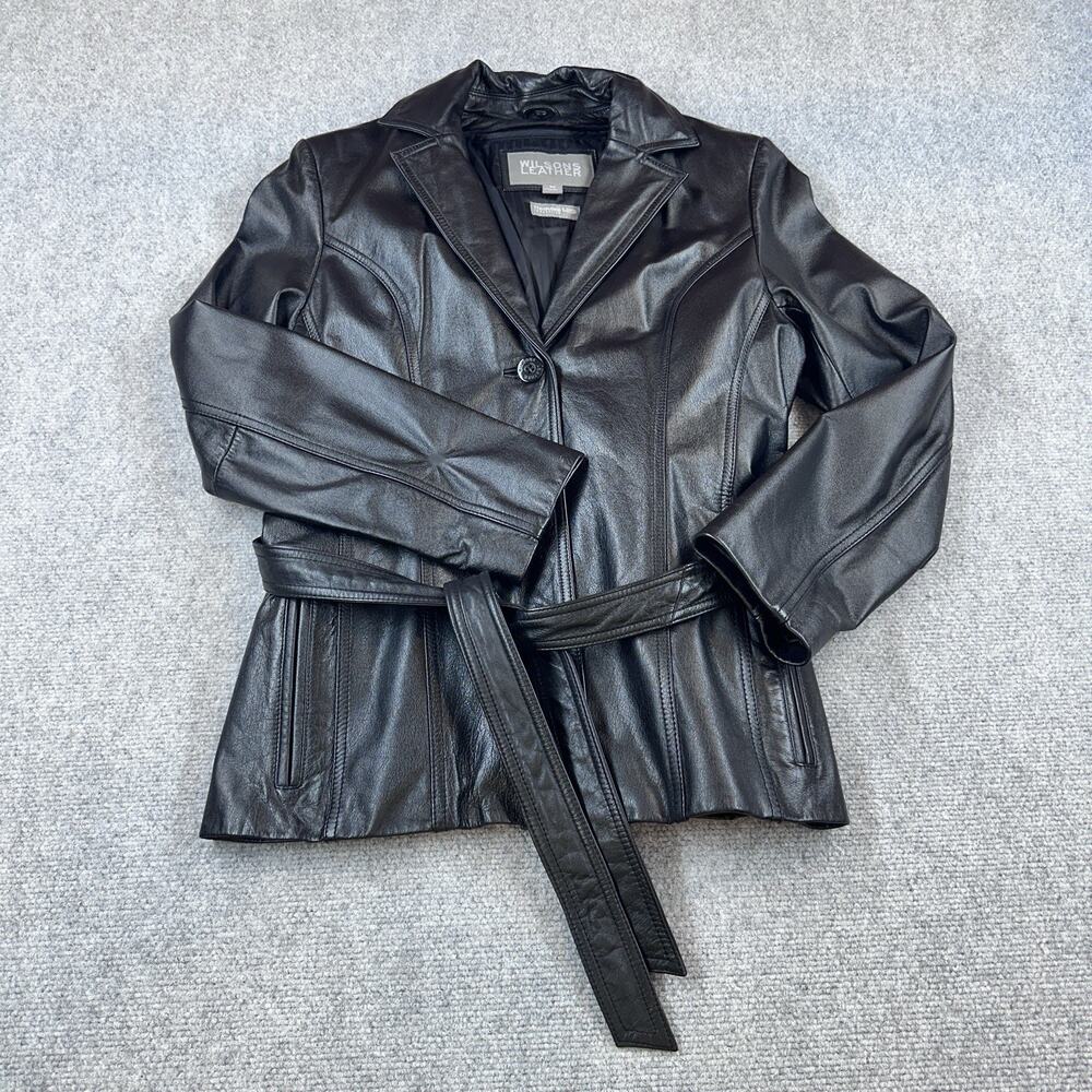 Wilsons Leather Black Leather Jacket Womens M Belted Lined Button Minimalist - Picture 2 of 12